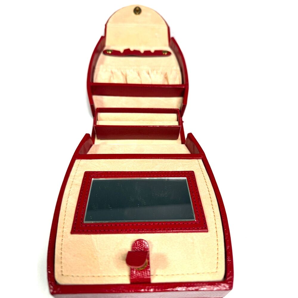 Vintage Red Lizard Embossed Jewelry Train Case Vanity Box Mirror Gold Tone EUC - Picture 6 of 13